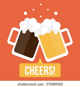 Flat design illustration with couple glasses of beer. Cheers, toasting on drink party.
