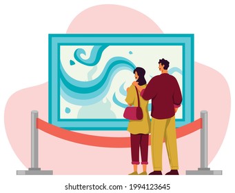 Flat design illustration with couple looking at abstract art painting in gallery or art museum.