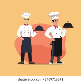 Flat design illustration of a couple restaurant chef in uniform standing front view ready to serve a meal.