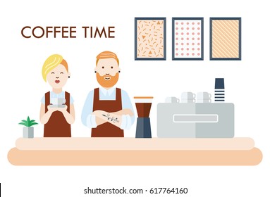 Flat design, Illustration of couple running coffee shop, vector