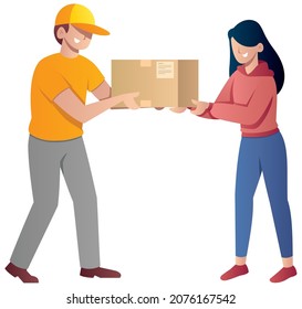 Flat design illustration of courier shipping order to a client.