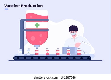 Flat design illustration of Covid-19 vaccine mass production with modern technology, Medical Pharmacy Manufacturer producing Coronavirus vaccine, production of vaccine drug medicine Covid-19 virus.