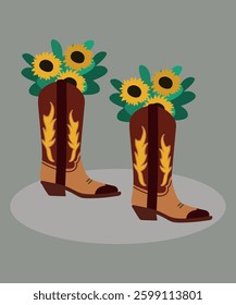 Flat Design Illustration with Cowboy Boots and Sunflowers