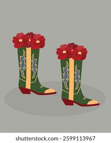 Flat Design Illustration with Cowboy Boots and Red Flowers