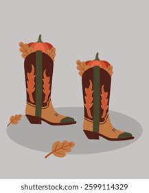 Flat Design Illustration with Cowboy Boots and Pumpkin,Leaves