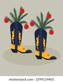 Flat Design Illustration with Cowboy Boots and Branch at Decorations