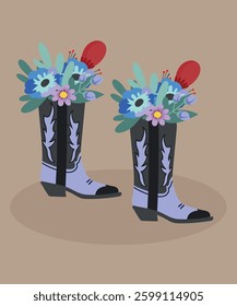 Flat Design Illustration with Cowboy Boots and Flowers
