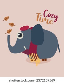  Ilustración de diseño plano Tiempo acogedor con elefante y Beret, hojas, careta