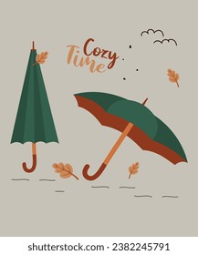 Flat Design Illustration Cozy Time with Umbrella and Leaves