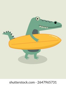 Flat Design Illustration with Crocodile Holding Surfboard