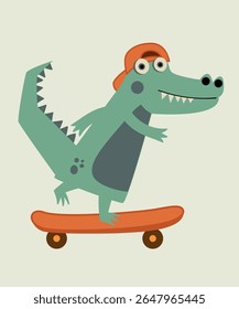  Flat Design Illustration with Crocodile on a Skateboard