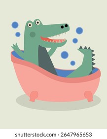  Flat Design Illustration with Crocodile on the Bathroom