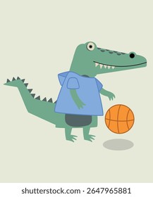 Flat Design Illustration with Crocodile Playing Basketball