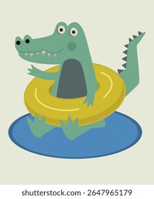Flat Design Illustration with Crocodile at Swimming Pool