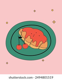 Ilustración de diseño plano con croissant en sabor a cereza y chocolate	