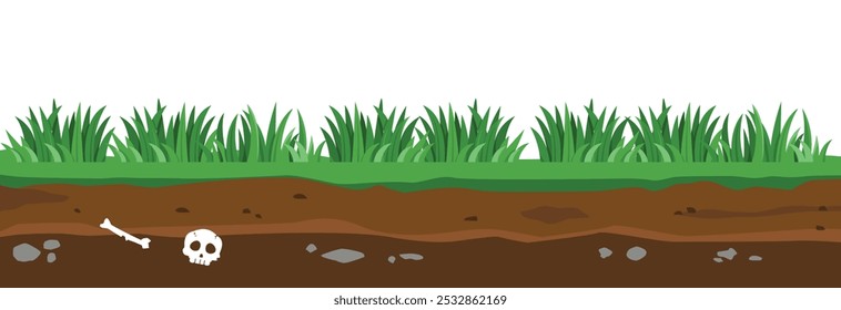 ilustração de design plano, seção transversal de grama verde e solo fértil, textura de superfície subterrânea lisa, camadas subterrâneas da terra.	
