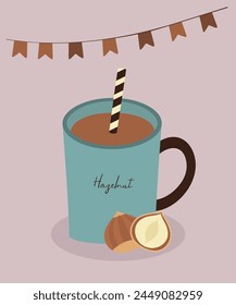 Flat Design Illustration with a Cup of Coffee at Hazelnut and Decorations