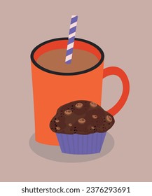  Ilustración de diseño plano con una taza de chocolate caliente y chocolate fino