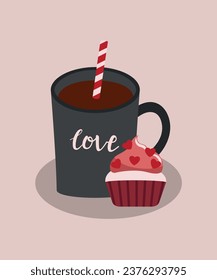 Flat Design Illustration with Cup Hot Chocolate and Cupcake Love