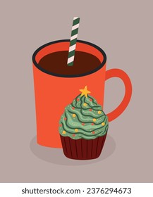 Ilustración de diseño plano con pastel de chocolate caliente y árbol de navidad
