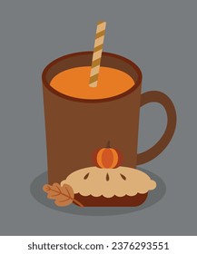  Flat Design Illustration with Cup Pumpkin Drink and Pumpkin Pie,Leaf