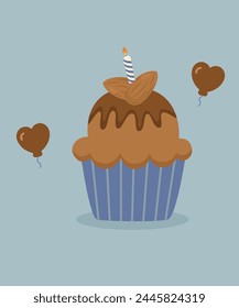 Flat Design Illustration with Cupcake at Almond,Candle, Balloons