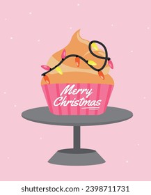 Flat Design Illustration with CupCake and Christmas Lights