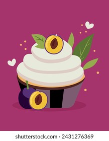 Flat Design Illustration at Cupcake with Plum Taste