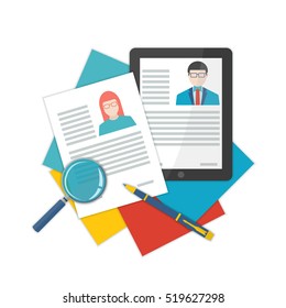 Flat design illustration curriculum vitae recruitment candidate job position. Concepts for human resource and recruitment. Searching cv and profile of employees.