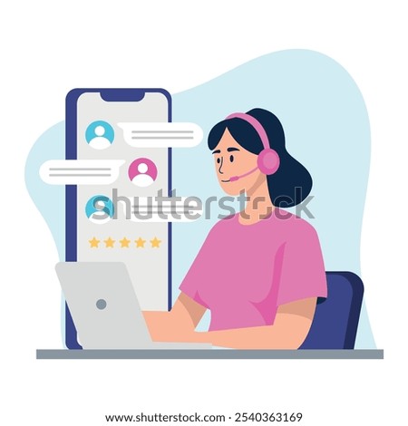Flat Design Illustration of Customer Service Representative with Headset and Laptop, Engaging in Live Chat Support. Vector Art Depicting Online Customer Communication, Feedback Rating