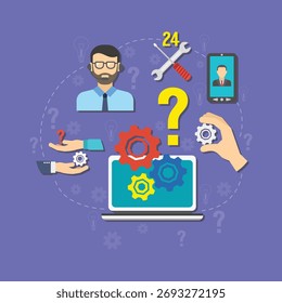 Ilustração plana do design de suporte ao cliente, assistência técnica e resolução de problemas com ícones representando serviço, ajuda e tecnologia.