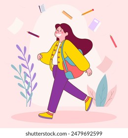 Flaches Design Illustration von niedlichen schönen Mädchen Charakter Zurück zur Schule mit lächelndem Ausdruck