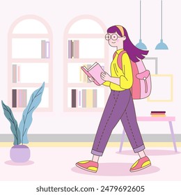 Flat Design Illustration of Cute Beautiful Girl Character Walking to School While Reading a Book