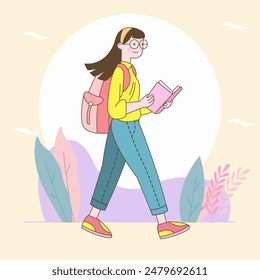 Flat Design Illustration of Cute Beautiful Girl Character Walking to School While Reading a Book