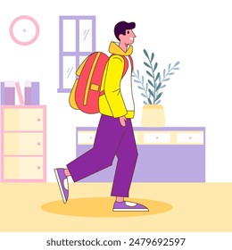 Flat Design Illustration of Cute Boy Character Wearing Backpack with Smile Expression Going to School