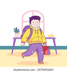 Flat Design Illustration of Cute Boy Character Wearing Backpack with Smile Expression Going to School