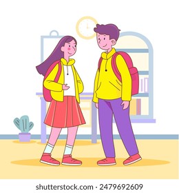 Ilustración de diseño plano del personaje lindo del muchacho de la muchacha que lleva la mochila de vuelta a la escuela