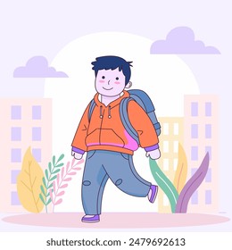 Flat Design Illustration of Cute Boy Character Wearing Backpack with Smile Expression Going to School