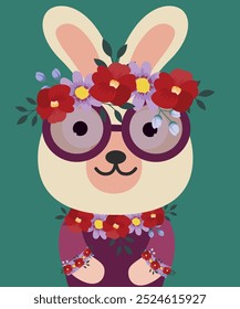  Flat Design Illustration with Cute Bunny Wear Sunglasses and Flowers
