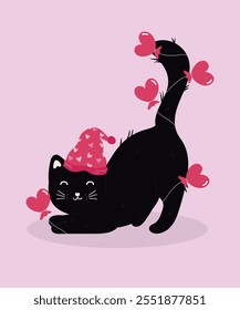 Ilustração de Design Plano com Personagem Fofo Preto Gato e Amor Balões Decoração