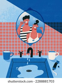 Flat design illustration of cute couple interaction. Mirror with reflection of couple brushing teeth in front of a modern bathroom sink.