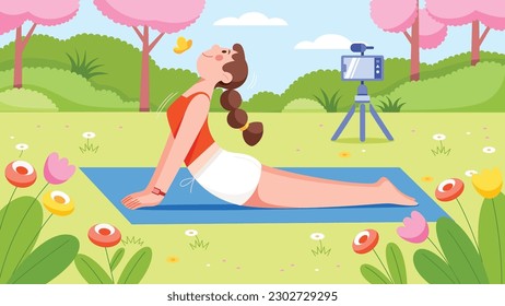 Flat design illustration of cute girl doing yoga in nature while recording video for her vlog.