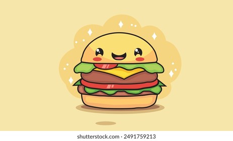 Flat Design Illustration of Cute Hamburger in Kawaii Doodle Style. Suitable for mascot, icon, etc. Suitable for culinary, food and beverages product.