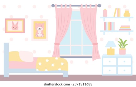 Flat Design Illustration of Cute Pink Bedroom Landscape for Kid Little Girl with Girly Decoration