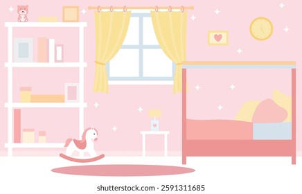 Flat Design Illustration of Cute Pink Bedroom Landscape for Kid Little Girl with Girly Decoration
