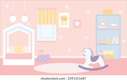 Flat Design Illustration of Cute Pink Bedroom Landscape for Kid Little Girl with Girly Decoration