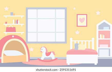 Flat Design Illustration of Cute Pink Bedroom Landscape for Kid Little Girl with Girly Decoration
