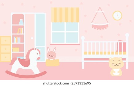 Flat Design Illustration of Cute Pink Bedroom Landscape for Kid Little Girl with Girly Decoration
