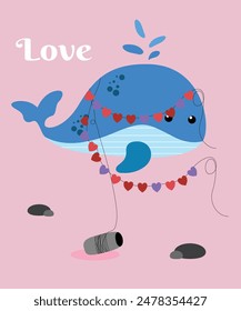  Ilustración de diseño plano con la decoración linda de la ballena y del amor