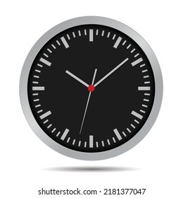 Flat Design Illustration Of A Dark Wall Clock. Circular Clock Face With Minute, Hour And Second Hand - Vector